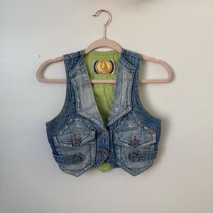 Vintage Red Pepper Distressed Denim Vest Y2K Japanese Archive Biker Western SZ S